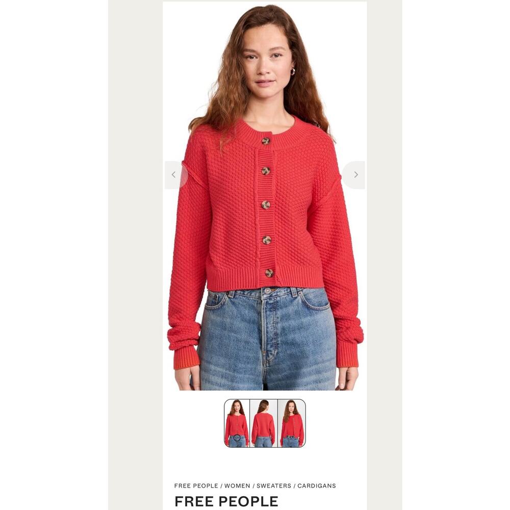 Free People Textured Knit Cropped Cardigan Sweater Women's Small Red boho